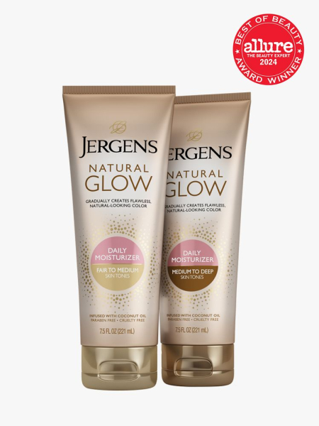 moisturizer in two branded taupe tubes on light gray background with red and white 2024 allure best of beauty seal